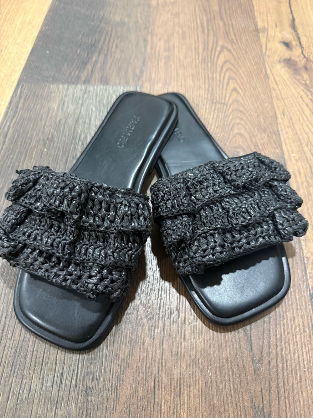 Farm Rio Black Crochet Ruffle Slide Sandals - Women